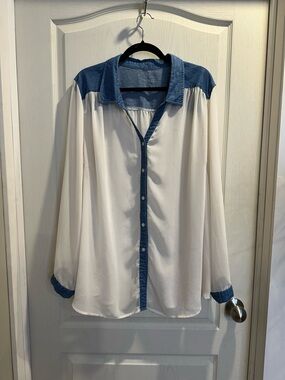 Ivory and Blue Button-Up Contrast Blouse
